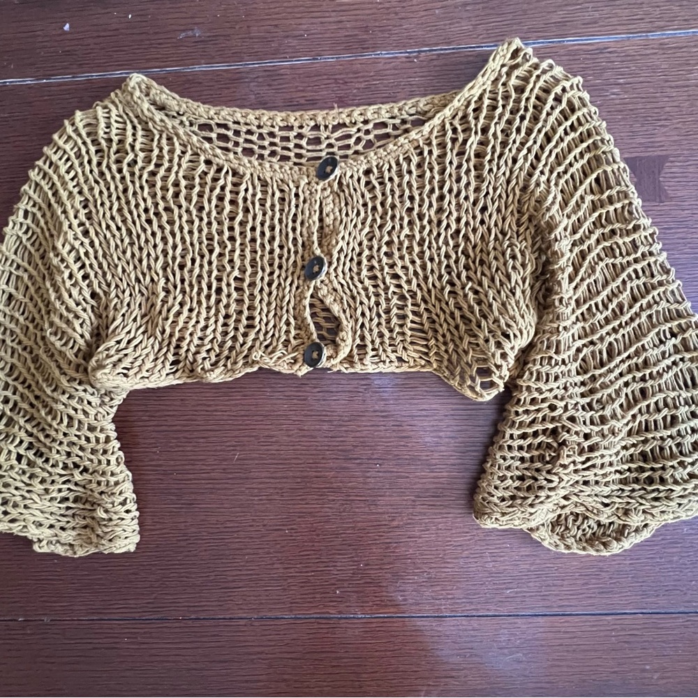 Cropped Crochet Knit Bell Sleeve Cardigan